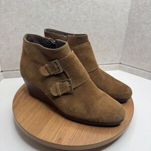 Munro Drew Suede Leather Ankle Boot Booties Buckle Wedge Heeled Brown shoes 10M‎